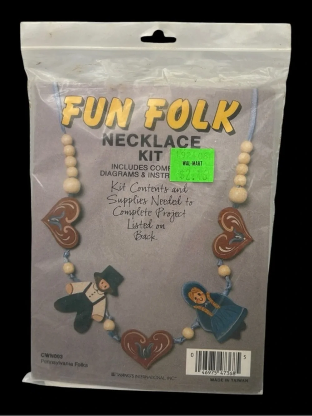 NOS Wang's Fun Folk Craft Wood Necklace Kit CWN003 Blue Ribbon Pennsylvania Folk